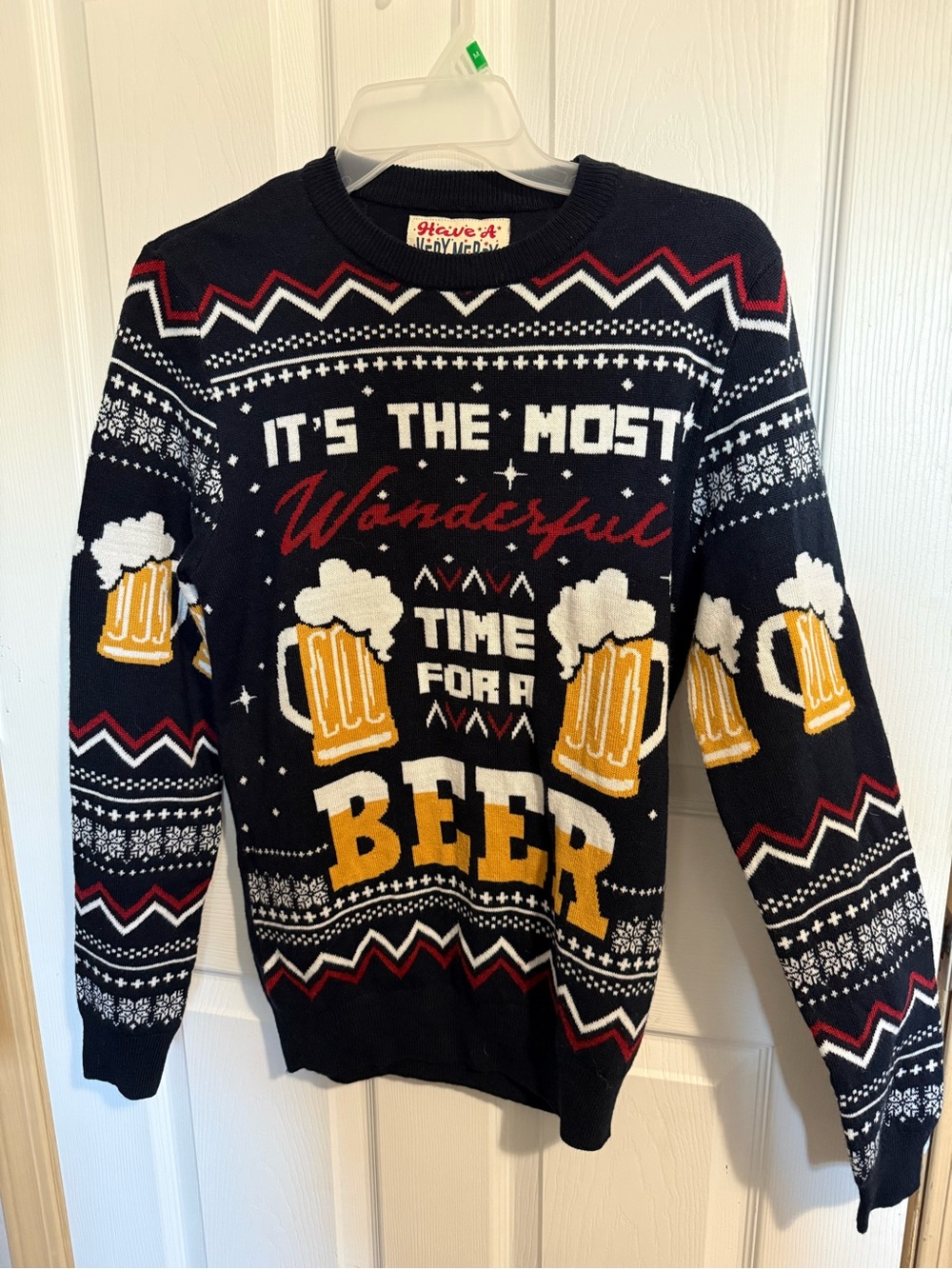 Ugly Christmas Sweater Navy Beer Graphic Crewneck with Red and White Accents